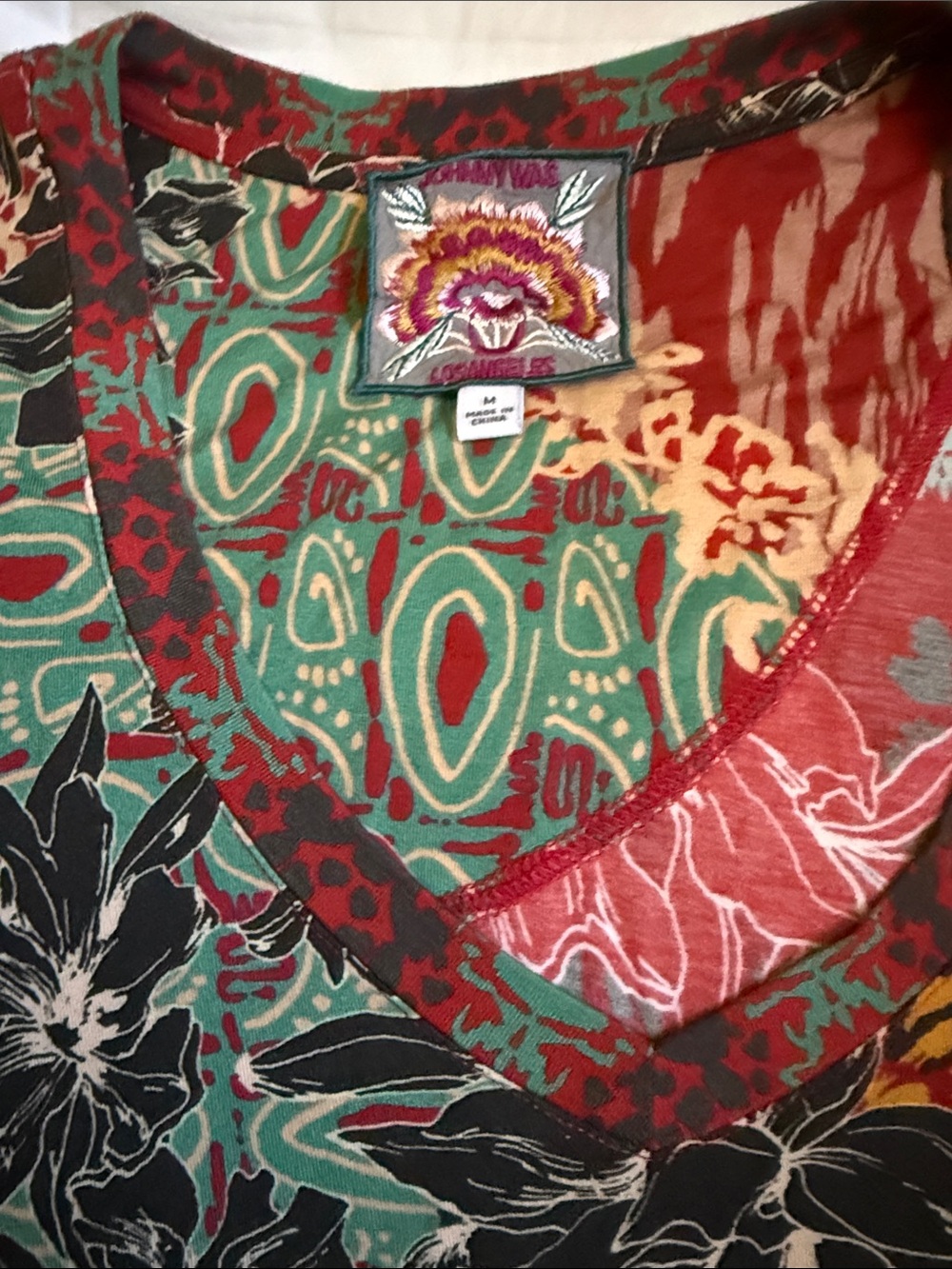Johnny Was Multicolor Floral & Abstract Print V-Neck Top - Picture 2 of 5
